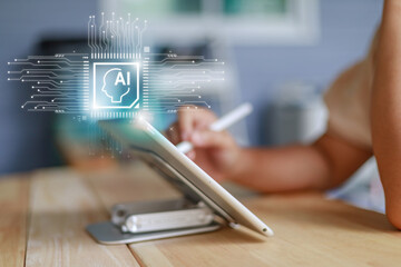 Poster - hand of woman using digital pencil write to tablet with head-up display interface icons design eleme