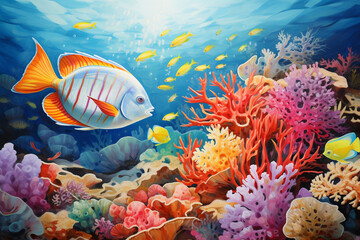  Colorful Fishes, corals, and nature lifes under blue sea