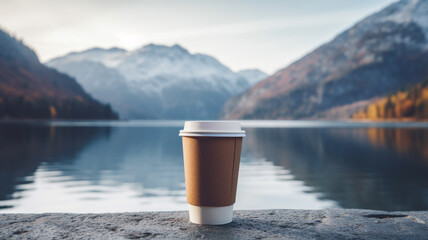 Wall Mural - Takeaway coffee cup with lake and mountains background.