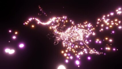 Poster - Abstract golden magic glitter particles flight in air and forming beautiful swirls. Design. Fiery sparkles flowing on a black background.