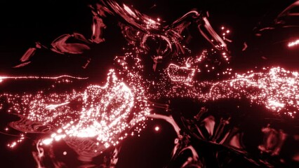 Poster - Abstract background with moving flickering particles. Design. Red bended tubes with duat glowing particles.
