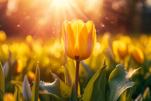 A Yellow Tulip Blooming On A Meadow During Sunrise With Sun Rays Traveling Through Dew Covered Grass