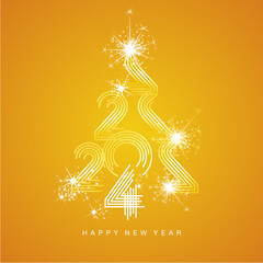 Wall Mural - 2024 New Year abstract white orange yellow Christmas tree made by multiply line design 2024 year numbers shining sparkle firework orange background greeting card