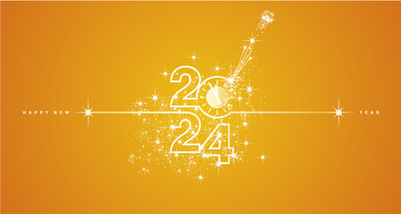 Wall Mural - New Year 2024 shining line design typography with clock countdown and glitter sparkler firework white orange yellow background vector