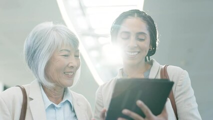 Aufkleber - Business people, talking and women with a tablet, teamwork and lens flare with conversation, planning and network. Staff, manager and employee with technology, app and search internet for information