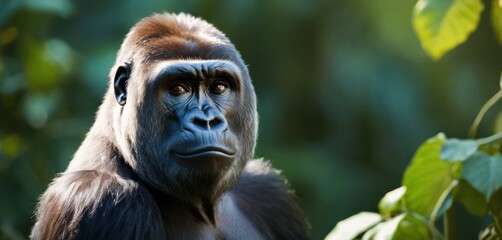 Wall Mural -  a close up of a monkey in a tree looking at the camera with a serious look on his face and a blurry background of leaves in the foreground.