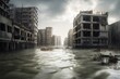 City devastated by a storm and flood, with buildings and roads destroyed due to extremely severe weather conditions, missile strike or war.