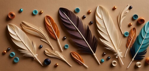 Canvas Print -  a group of feathers sitting on top of a table next to beads and a pair of scissors on top of a table next to a pair of scissors and a pair of scissors.