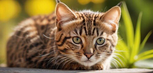 Wall Mural -  a close up of a cat laying on top of a cement ground next to a plant with green leaves behind it and a blurry background of a blurry background.