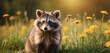  a close up of a raccoon in a field of grass and flowers with a blurry background of yellow dandelions and green grass and yellow dandelions.