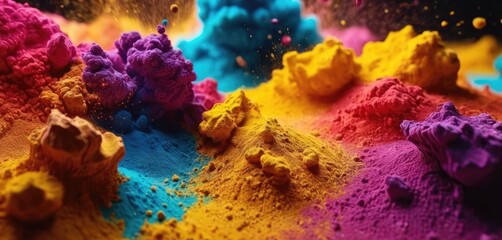 Wall Mural -  a close up of a bunch of different colored powders on a table with one of the colors red, yellow, blue, green, purple, and orange.