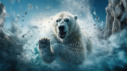 Canvas Print -  a polar bear is in the water with its mouth open and it's paw in the air and it's mouth wide open and it's mouth wide open.