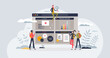 © VectorMine - LMS or learning management system for e-learning study tiny person concept. Education training with online knowledge platform to track your progress and get skills assessments vector illustration.