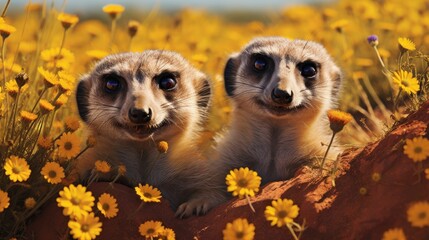  two meerkats sitting in the middle of a field of wildflowers with one staring at the camera and the other looking at the camera while the camera.