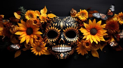 Canvas Print -  a skull mask with sunflowers and butterflies on a black background with a butterfly in the middle of the mask and a butterfly in the middle of the mask.