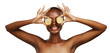 Kiwi, skincare and happy black woman with natural cosmetics on isolated, transparent or png background. Fruit, smile and African model with dermatology, wellness or vitamin E, DIY or facial benefits
