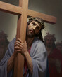 Jesus carrying cross of suffering, symbolizing death, sacrifice and resurrection