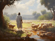Jesus Christ, the good shepherd and sheep at the grove. AI generative