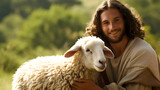 Fototapeta  - Jesus recovered the lost sheep carrying it in arms. Biblical story conceptual theme.