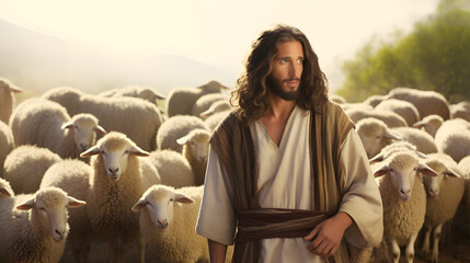 Wall Mural - Jesus Christ, the good shepherd and sheep at green hill. AI generative