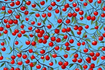 Wall Mural - branches with red cherry fruits on a blue sky background 