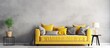 Yellow pillow on grey sofa in cozy living room with white carpet on floor and simple artwork on wall
