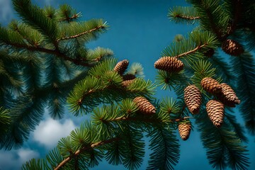 Wall Mural - fir tree branch with cones bumps nature greens tree sky plants tree pine cone-