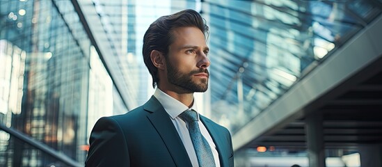 Poster - Suited man with tablet in glass building.