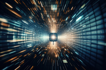 Poster - Abstract tunnel light digital futuristic background grid concept technology space blue speed science
