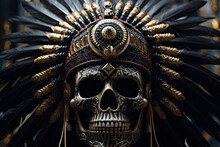 A Skull Wearing An Indian Headdress On Black Background