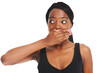 Surprise, wow and black woman with doubt, omg and model isolated on a transparent background. African person, confused and girl covering her mouth, idea and announcement with png, emoji and reaction