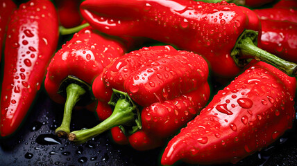 Poster - Red bell peppers or sweet peppers on the dark black table background.