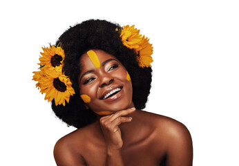 Smile, thinking and black woman with flowers for skincare, cosmetic and natural face routine. Happy, beauty and young African model with floral plants in hair isolated by transparent png background.