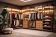 Organized Warmly Lit Boutique Closet: Luxurious Walk-In with Custom Wooden Cabinetry, Integrated Lighting, and A Plush Ottoman