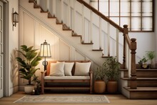 Foyer Entryway Interior, Warm Corner Under The Stairs With Plush Pillows, Greenery, And A Vintage Floor Lamp