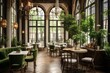Cozy posh luxurious interior design of a cafe or a bar with wooden classic parquet floor, tall ceiling, french windows, parisian look, off-white textiles, many green plants