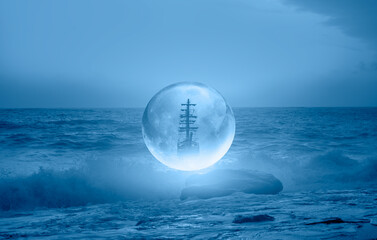 Fototapete - Night sky with crystall full moon on the sea with Sailing old ship in storm sea at sunset  