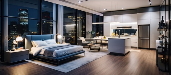 Wall Mural - Studio apartment with open floor plan, featuring a combined living room, dining area, and kitchen, and a bedroom separated by a glass wall with illuminated lights.