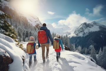 Winter Wonderland Adventure: A Father Leading His Kids on a Snowy Mountain Hike