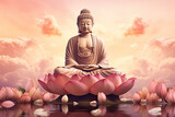 Fototapeta  - Glowing golden buddha meditating on a lotus, heaven cloud background