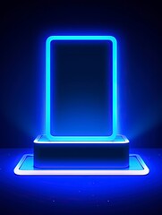 Abstract neon banner with pedestal. 3d podium with blue neon square. Abstract background for promotion goods, with blank space, copy spac and generative ai