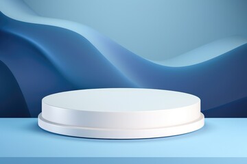 Poster - Realistic white cylinder pedestal podium with wavy layers blue shape background. Luxury minimal scene for mock up products showcase