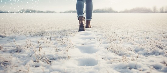 Woman's feet walking in snowy field.