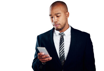 Businessman, reading and smartphone for text, email or message for communication by cellular network. Black person, consultant and mobile app for article on isolated or transparent png background
