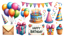 Vibrant Birthday Celebration Set With Cake, Balloons, Gifts, And Party Hats