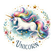 White unicorn with colorful mane and golden horn, phrase Unicorn