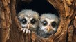 Curious baby owlets peeking out of their nest in an ancient tree.