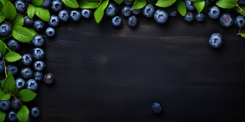 Wall Mural - Ripe blueberries frame border with fresh green leaves on a dark wooden table. Copy space, frame. Border for design card and banner.  Healthy vegetarian lifestyle, vitamin organic food