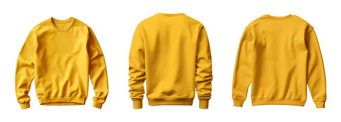 Wall Mural - A set of yellow sweatshirt mockups with a crew neck, back view and front view, isolated on a transparent background..
