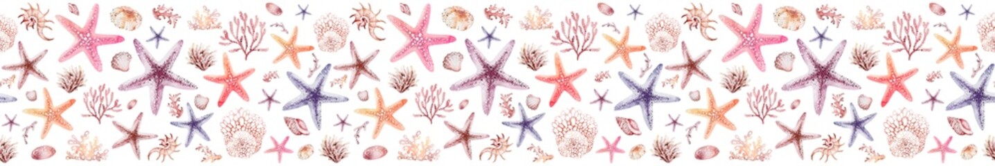 Starfish seamless border. Watercolor underwater animals on isolated background for banner. Nature of the ocean seabed. Horizontal marine ornament.